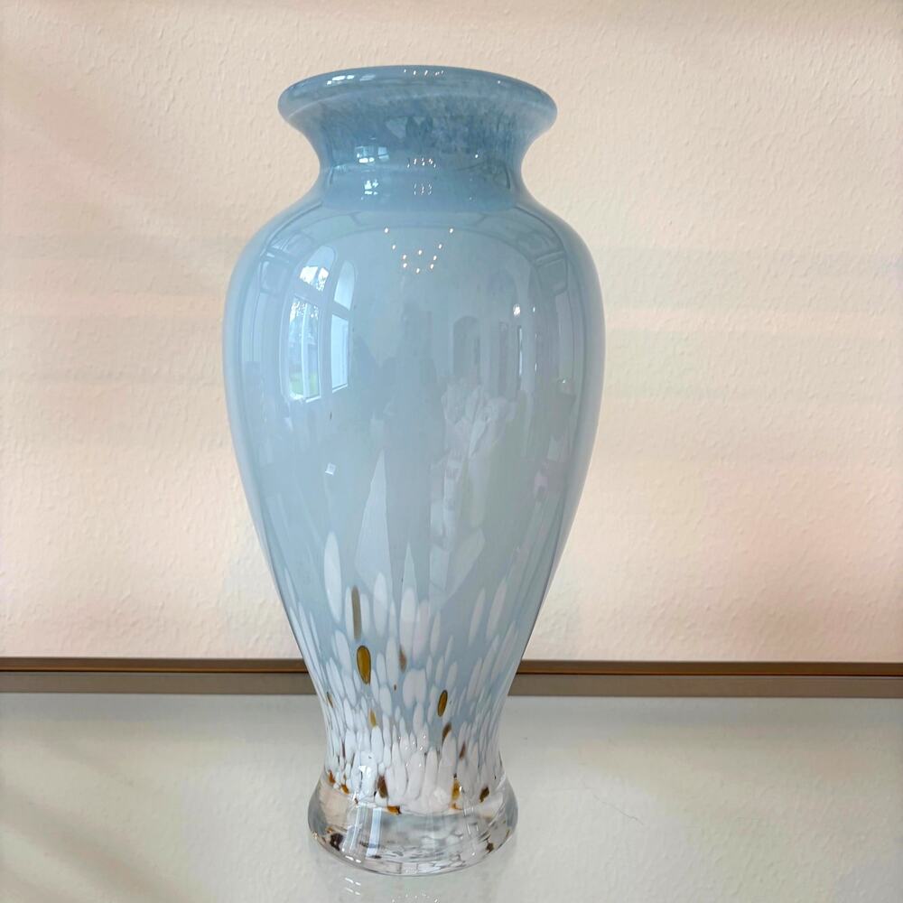 Hand Blown Murano Art Glass Vase 11.5in Blue White Speckled Amber Accents New